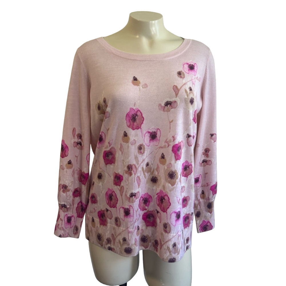 Talbots Pink floral Graphic Relaxed Fit merino wool thin sweater XP